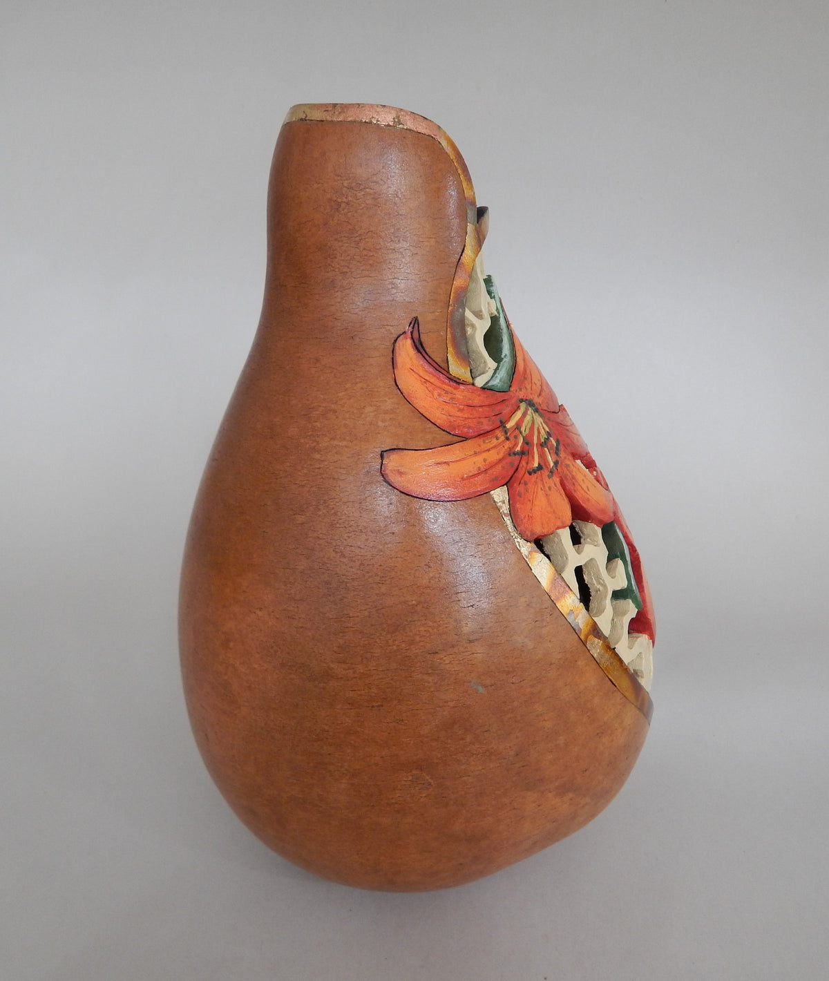 Carved Tiger Lily Gourd with Filigree & Gold Leaf