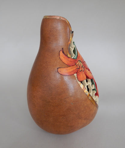 Carved Tiger Lily Gourd with Filigree & Gold Leaf