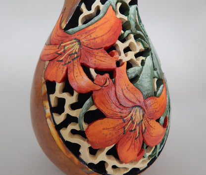 Carved Tiger Lily Gourd with Filigree & Gold Leaf