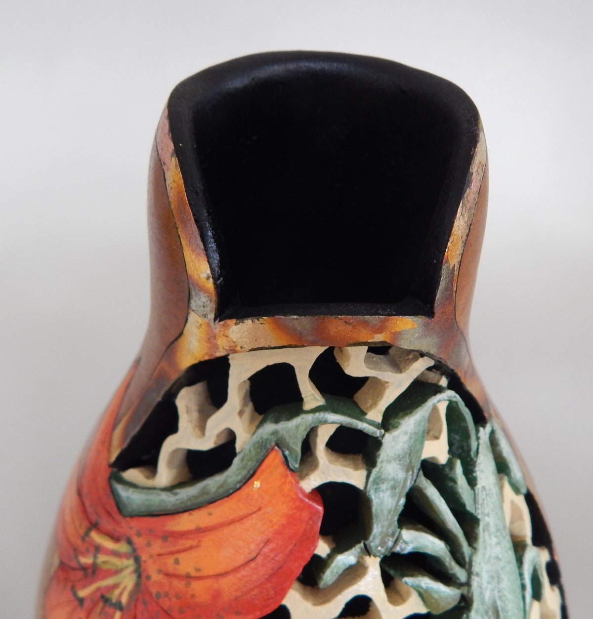 Carved Tiger Lily Gourd with Filigree & Gold Leaf