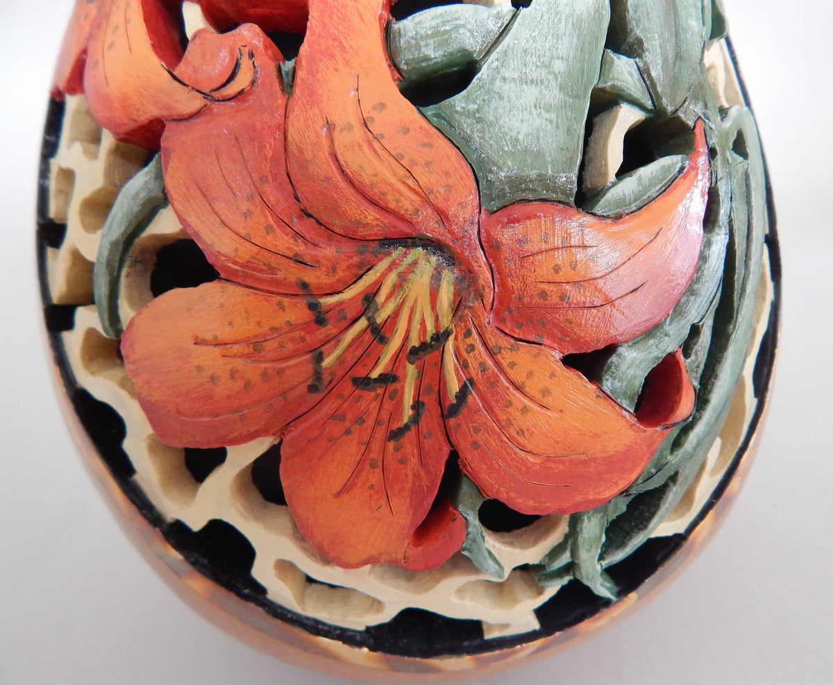 Carved Tiger Lily Gourd with Filigree & Gold Leaf