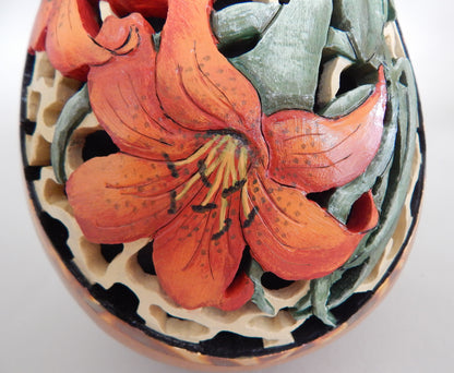Carved Tiger Lily Gourd with Filigree & Gold Leaf