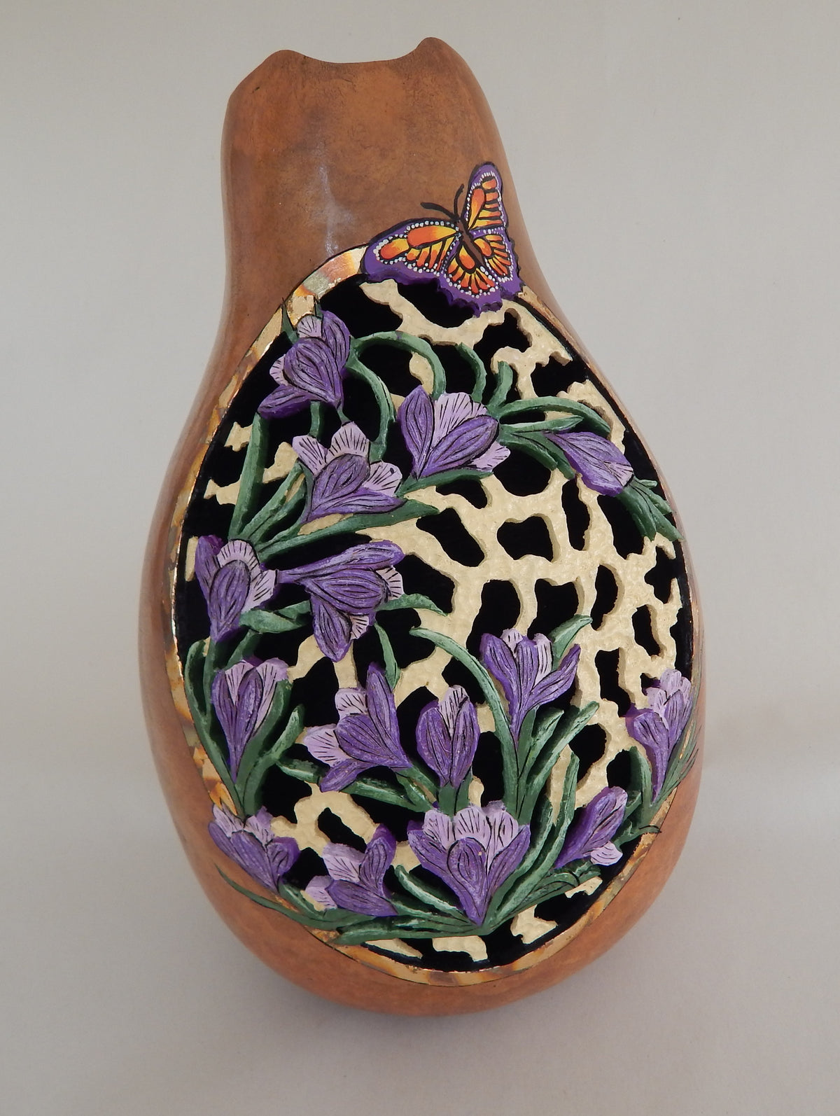 Carved Purple Crocus & Butterfly Gourd with Gold Leaf
