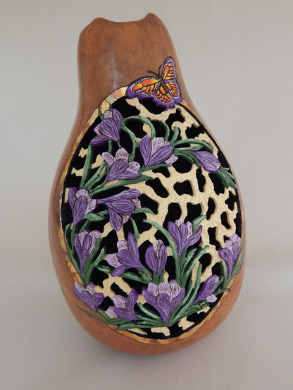 Carved Purple Crocus & Butterfly Gourd with Gold Leaf