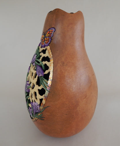 Carved Purple Crocus & Butterfly Gourd with Gold Leaf