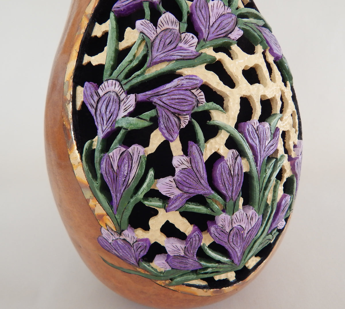 Carved Purple Crocus & Butterfly Gourd with Gold Leaf