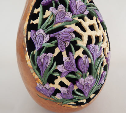 Carved Purple Crocus & Butterfly Gourd with Gold Leaf