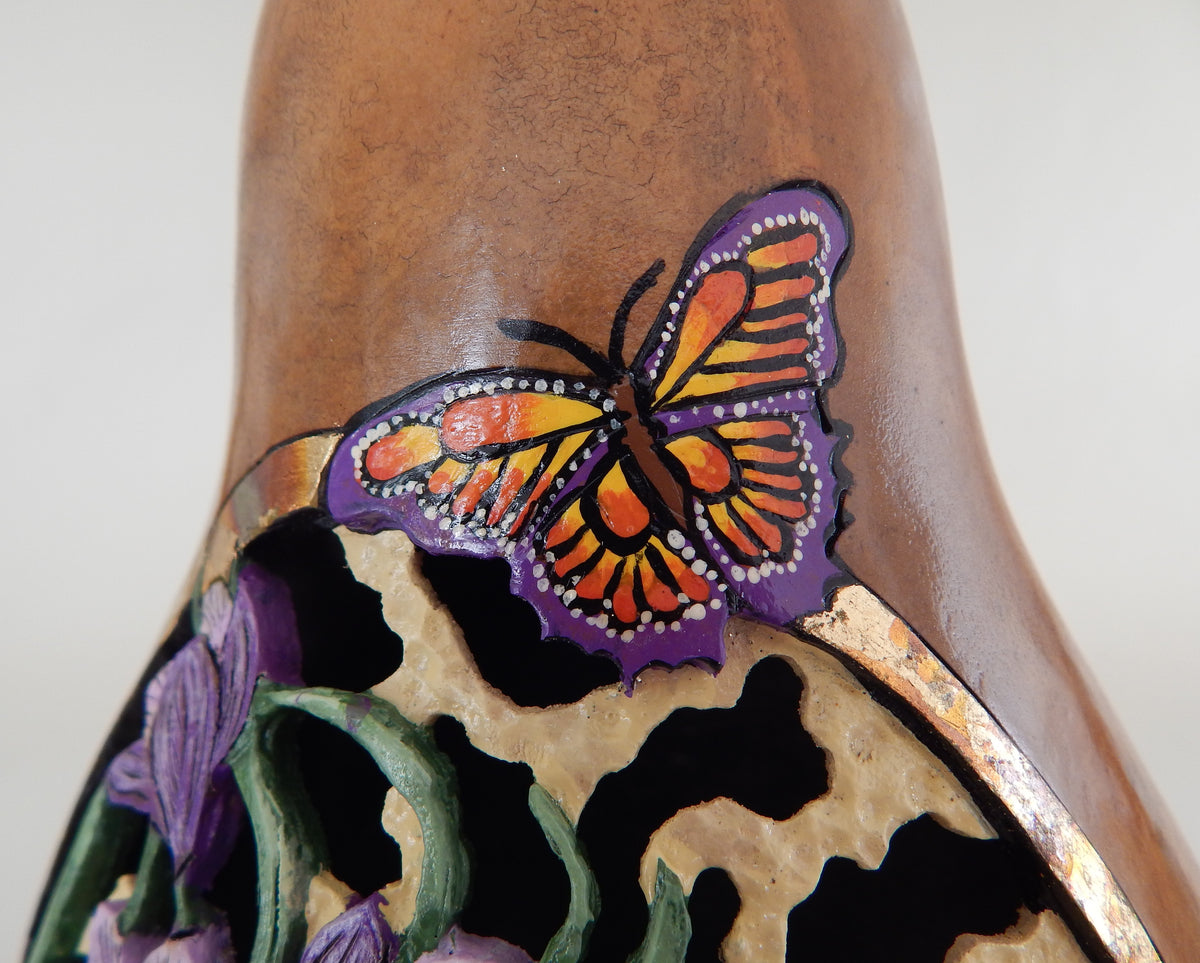 Carved Purple Crocus & Butterfly Gourd with Gold Leaf