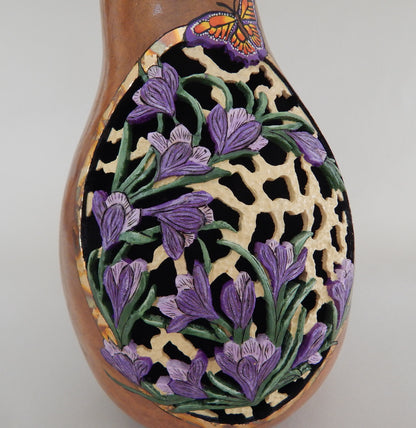 Carved Purple Crocus & Butterfly Gourd with Gold Leaf